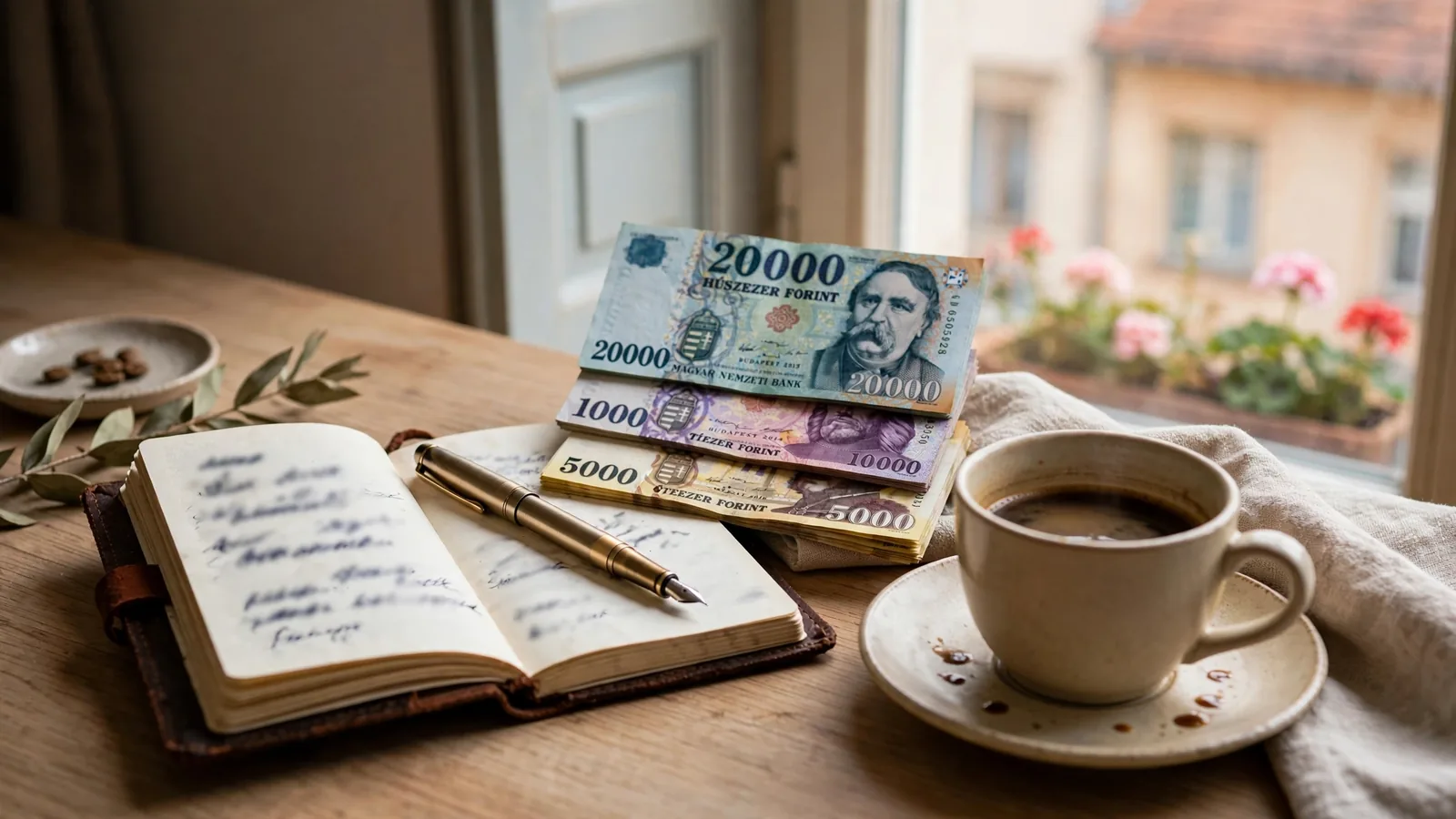 Forint bankjegyek és pénzügyi jegyzetfüzet